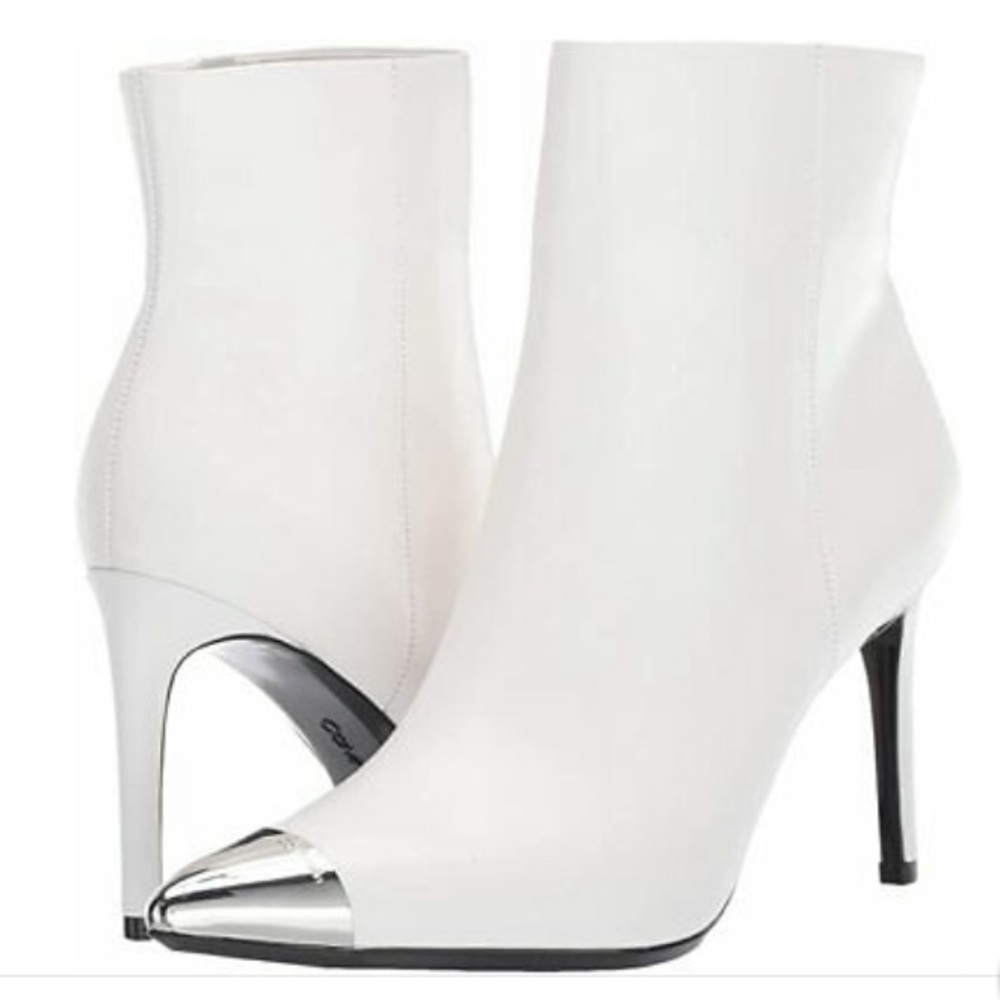 Calvin Klein Ravie White Pointed Steel Toe Ankle Boots